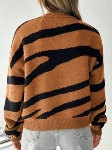 EURMUSE 女士圓領圖案細肩長袖毛衣 - 棕色 - 查看 2