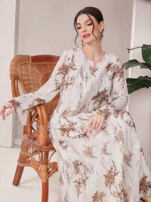 Al Najma Loose Casual Printed Notched Neck Modest Long Sleeve Dress - Apricot - View 3