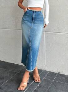 EURMUSE Denim Skirt With Frayed Hem And Back Split - Medium Wash - View 3