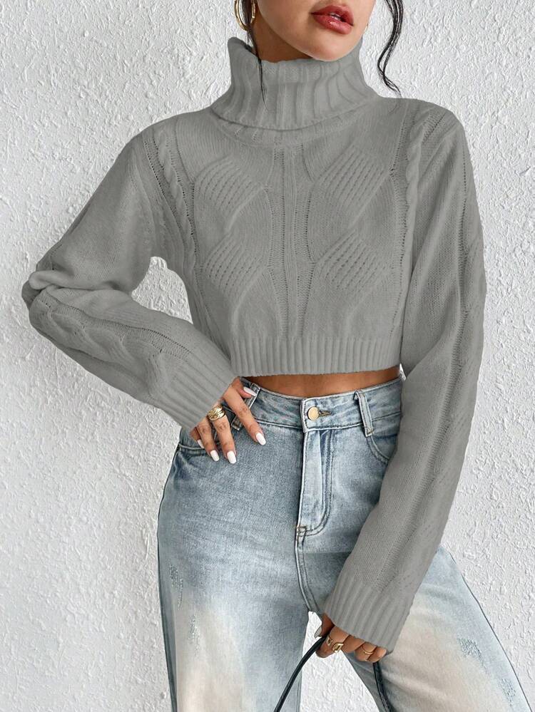 Women's Solid High Neck Cropped Knit Pullover Fall Winter Sweater