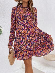 SHEIN Frenchy All-Over Print Notch Collar Ruffle Dress Winter Vacation Flower Beach - Multicolor - View 4
