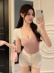 DAZY 女性短袖,色塊拼湊,修身針織上衣 - 橘色 - 查看 8