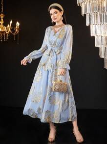 Modelyn Women'S Long Sleeve Dress With Foiled Botanical Pattern Long Evening Dresses Fall Cloth For Women - Multicolor - View 5