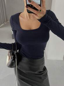 DAZY Áo thun tay dài ôm vừa vặn, quần áo mùa thu, quần áo trở lại trường - Màu xanh hải quân - Xem 4