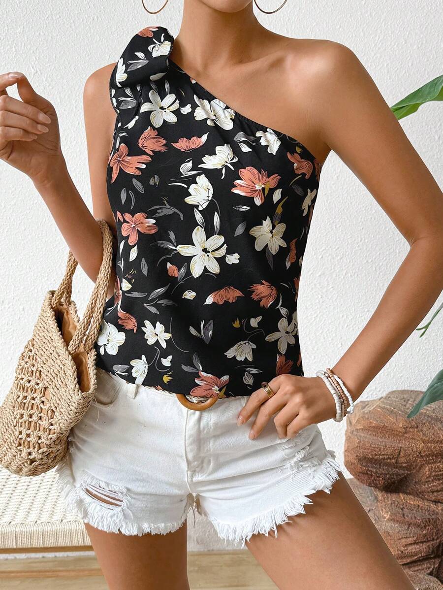 SHEIN VCAY Women'S Casual Floral Print One Shoulder Top With Elegant Style
