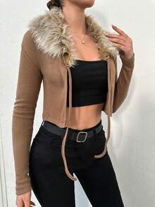 RueChic Patchwork Fur Collar Cropped Jacket - Camel - View 3