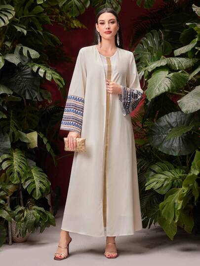 Al Najma Women's Geometric Pattern Open Front Modest Long Sleeve Arabian Robe Abaya, Fashion Abaya For Casual/Festival/Gathering/Travel