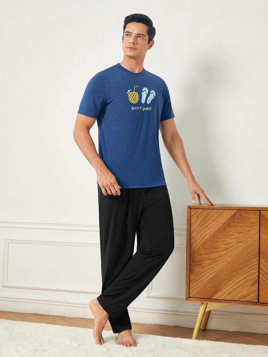 Conjunto De Ropa Cómoda Para Estar En Casa Para Hombre Con Estampado De Dibujos Animados Y Lema Impreso - Multicolor - Ver 1