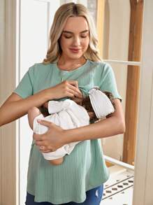 SHEIN Maternity Nursing Solid Color Ribbed Casual T-Shirt World Cup - Mint Green - View 7