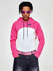 ROMWE MEN Street Life 男式字母拼接连帽羊毛衫，高低抽绳设计 - 玫紅色 - 查看 1