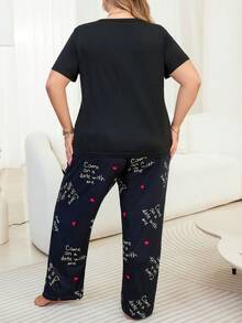 女性加大碼薄餅印花t恤和褲子睡衣套裝 - 黑色 - 查看 3