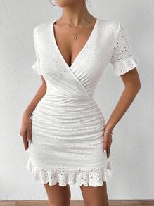 RosyDaze Women's V-Neck Pleated Short Sleeve Dress - White - View 5