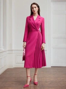 MOTF PREMIUM WOMEN'S PLEATED A-LINE DRESS WITH POINTED COLLAR, WOVEN FABRIC - Hot Pink - View 5