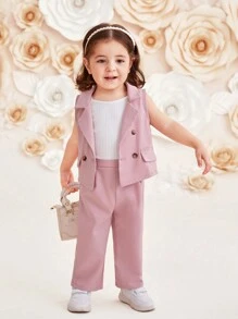 SHEIN Baby Girl Casual Solid Color Suit Collar Sleeveless Vest And Long Pants With Suspender Vest 3pcs Set