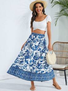 SHEIN VCAY 女士彈性腰花卉印花裙 - 藍色 - 查看 5