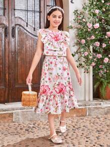 SHEIN Tween Girls' Floral Printed Sleeveless Shirt With Ruffled Collar And Backless Design & Ruffle Trim Skirt Two Pieces Set - Multicolor - View 4