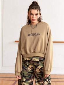 SHEIN Sports Women's Drop Shoulder Athletic Sweatshirt With Letter Print - Khaki - View 4