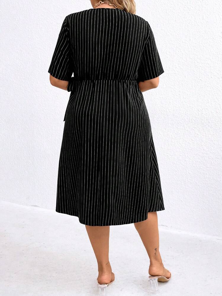 Women's Plus Size Striped V-Neck Wrap Dress
