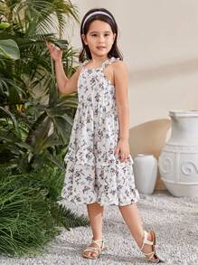 SHEIN Gaun Gadis Muda Frill Simpul Tiered Layer Bunga All Over Print Boho - Putih - View 3