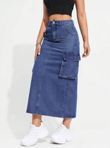 SHEIN EZwear Women's Denim Cargo Skirt - Blue - View 2