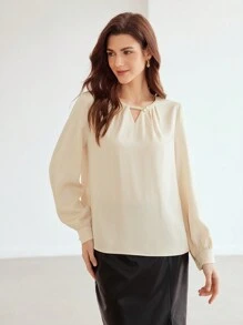 MOTF PREMIUM Dệt Của phụ nữ Cổ lỗ khóa Áo sơ mi - Màu be - Xem 9