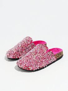 roulvxiang Novos chinelos de praia com lantejoulas para outono/inverno, sandálias de férias, chinelos rasos para uso doméstico, sandálias rasas sem cadarço para mulheres, mule - Rosa Avermelhado - Ver 7