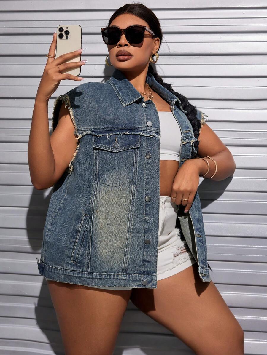 SHEIN SXY Của phụ nữ Kích thước lớn Nút phía trước Frayed Denim Áo khoác vest - Màu xanh lam - Xem 1
