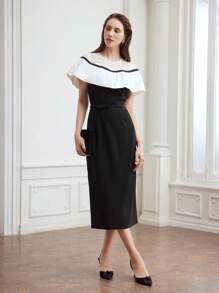 MOTF PREMIUM WOMEN'S WOVEN LACE COLORBLOCK SPLICE DRESS - Black and White - View 5