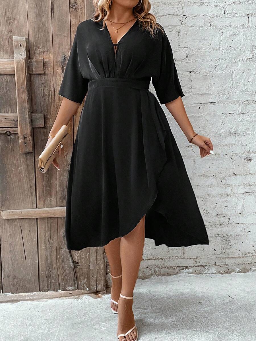 SHEIN Unity 大尺碼女性打褶不對稱搭襯裙 - 黑色 - 查看 1