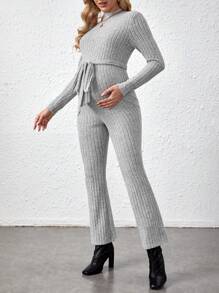 SHEIN Solid Color Maternity Jumpsuit With Belt - Grey - View 4
