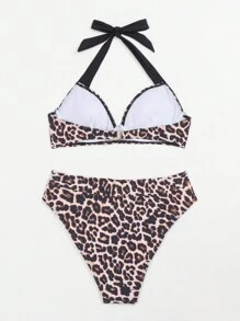 SHEIN Swim Women's Leopard Print Halter Neck Bikini Set Summer Beach - Multicolor - View 4