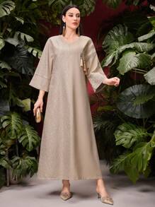 Al Najma Women's Splice V-Neck Tassel Detail Modest Long Sleeve Arabian Dress, Kaftan