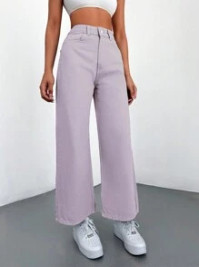 Cottnline Letter Patched Wide Leg Jeans - Purple - View 4