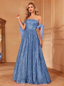 Faeriesty Floor Length Tie Shoulder Sequin Dress - Blue - View 3