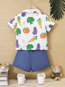 2pcs/Set Baby Boys' Cute Vegetable Print Short Sleeve Top And Shorts Set For Daily Wear In Summer