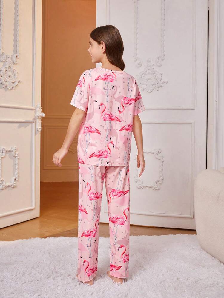 Tween Girls' Flamingo Print Short Sleeve Top And Pants Pajama Set, Household Clothing