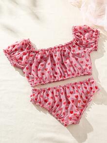 SHEIN 情人節女士心形印花挑逗肩短袖性感內衣套裝 - 粉色 - 查看 3