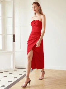 MOTF PREMIUM WOVEN WOMEN'S WRAP PLEATED STRAPLESS DRESS - Burgundy - View 5