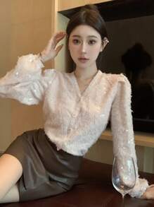 DAZY 閃亮裝飾v領長袖襯衫 - 白色 - 查看 1