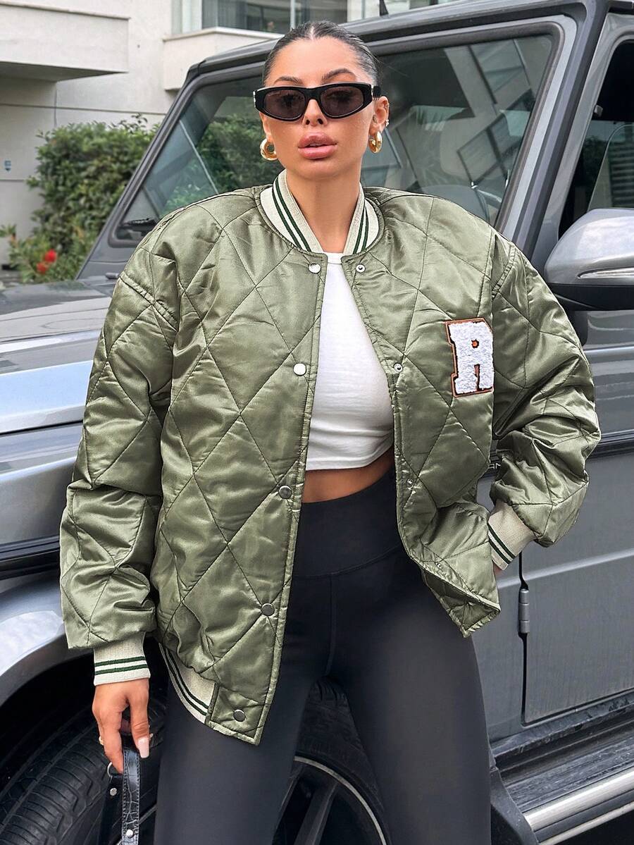 EURMUSE Thư được vá Sọc trang trí Thả vai Áo khoác Quilted - màu xanh lá - Xem 1