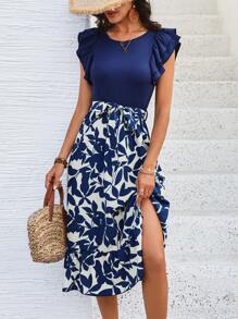 SHEIN VCAY Váy chữ A in họa tiết cây ngắn tay dành cho nữ - Nhiều màu - Xem 3