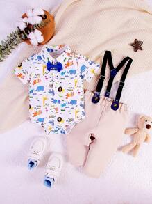 Em bé Con trai Đẹp trai Quý ông Phong cách Ngắn tay Romper Với Cổ áo sơ mi Và Dây treo Dài Quần 2 Miếng Bộ , Mùa xuân/Mùa hè - Nhiều màu - Xem 1