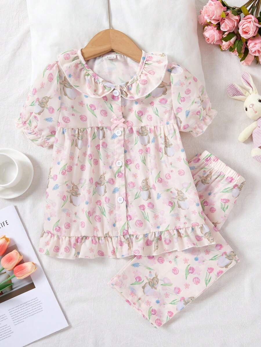 Girls' Rabbit Printed Woven Chat Short-Sleeved Trousers Two-Piece Casual Home Wear Set - Pink - View 1