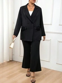 SHEIN Unity 大尺碼純色雙排扣西裝,配有花朵裝飾 - 黑色 - 查看 3