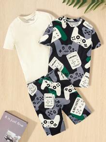 SHEIN 3pcs/Set Tween Boy Snug Fit Casual Coolkids Street Style Video Game Print Round Neck T-Shirt, Solid Color T-Shirt And Printed Shorts, Home Service Outfit