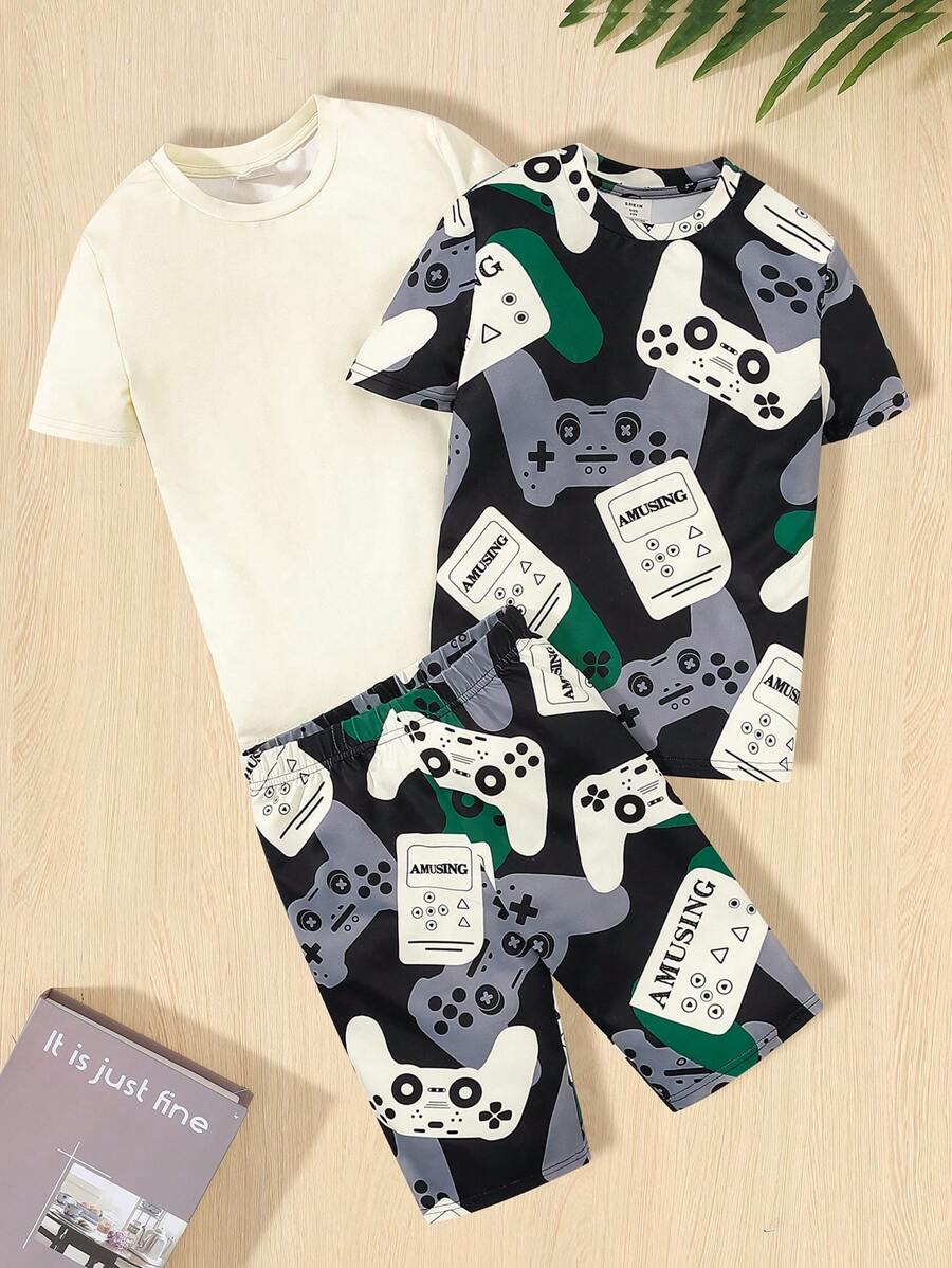 SHEIN 3pcs/Set Tween Boy Snug Fit Casual Coolkids Street Style Video Game Print Round Neck T-Shirt, Solid Color T-Shirt And Printed Shorts, Home Service Outfit