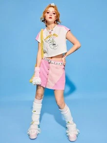 SHEINNeu Women's Cartoon Cat And Heart Printed Contrast Side Cut Crop T-Shirt - White - View 4