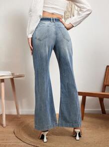SHEIN Essnce Women's Flare Jeans With Slanted Pockets, Washed Finish - Blue - View 2
