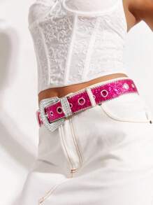 SHEIN BAE Rose Sequin & Rhinestone Decor Waist Belt Party Valentines - Hot Pink - View 4