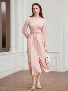 MOTF PREMIUM WOMEN'S WEAVE SOLID COLOR SPLICED PLEATED DRESS,SUMMER OUTFITS - Pink - View 6